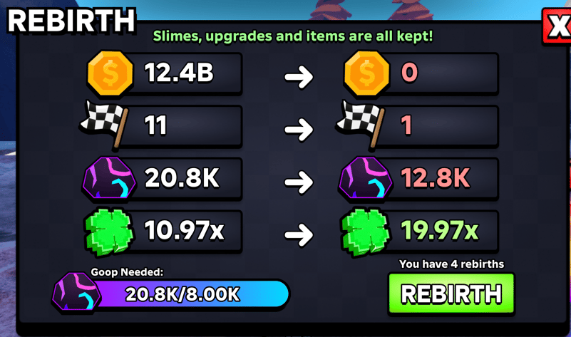 Rebirth menu in Slime RNG