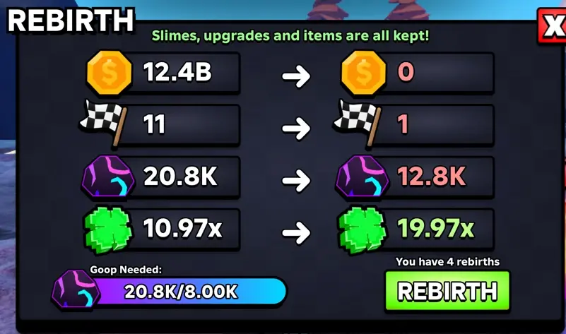 Rebirth menu in Slime RNG